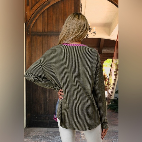 Olive fuchsia textured bubble sleeve button bohemian tunic top shirt Henley - Picture 5 of 6